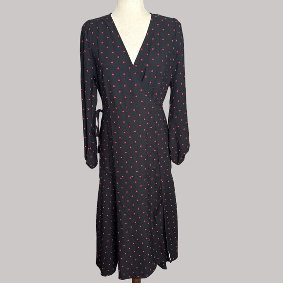 Scoop Wrap Midi Dress Black Red Polka Dot Long‎ Sleeve Career Office - Picture 1 of 13